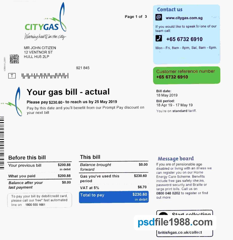 Singapore City Gas Utility Bill
